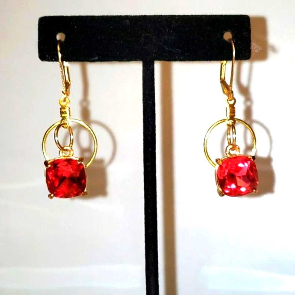 Gold Plated Square Cut Pink Crystals Earrings